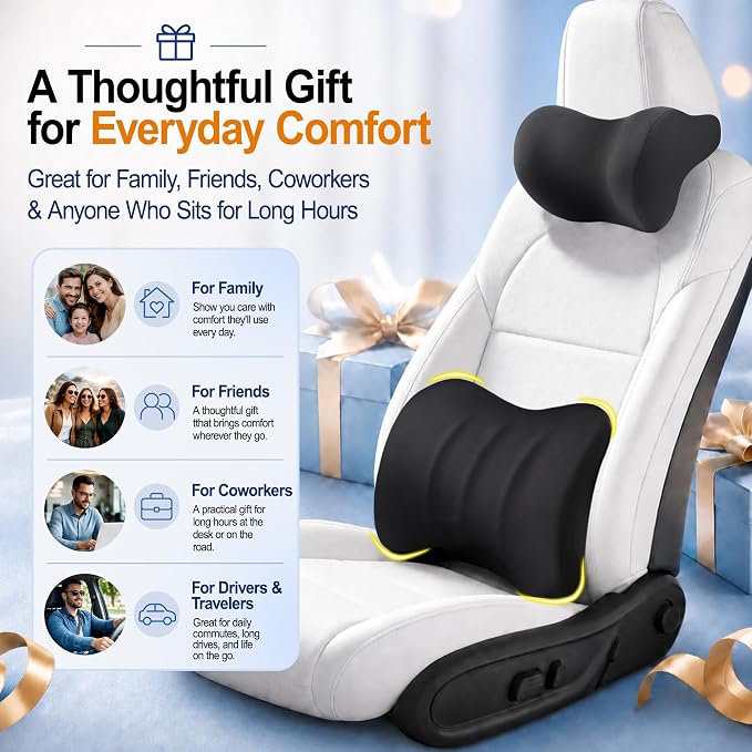 Allaboutsla Lumbar Back Support Pillow for Car, Neck Headrest Pillow Set | Memory Foam Car Neck Support for Driving with Car Back Support, Adjustable Straps, Head Rest Pillow for Cars, Trucks, Black