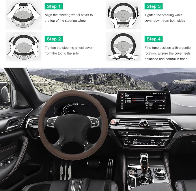 Car Steering Wheel Cover, 15" Breathable Leather Auto Wheel Protector with Comfortable Grip, Non-Slip Perforated Steering Wheel Protective Cover for SUV Truck Sedan Van (Brown)