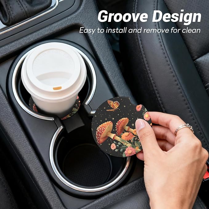 2 Pack Ceramic Car Coasters for Cup Holder, 2.56 in Anti Slip Absorbent Coaster with Cork Base and Finger Notch, Funny Cute Car Accessories for Women, Mushrooms
