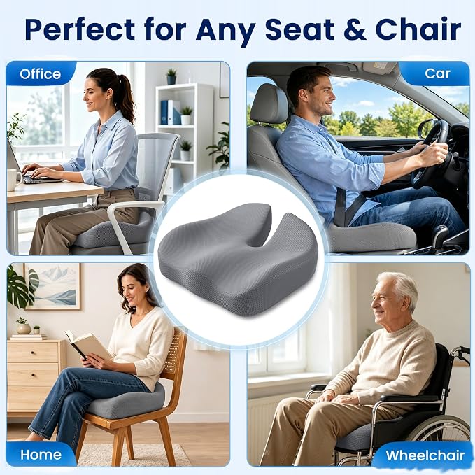 CJACSOC Seat Cushion, Extra Large Memory Foam Cushion for Office Chair Cushions, Ergonomic Cushions Pad Pillow for Pressure Relief Sciatica & Pain Relief for Long Sitting, Grey