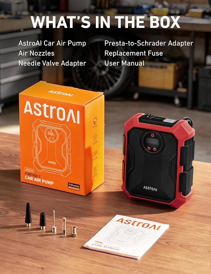 AstroAI Tire Inflator Portable Air Compressor 12V DC 100PSI, Integrated Storage, Digital Gauge, Auto Shut-Off Fast Inflation LED Light, Air Pump for Car Tires Bike Motorcycle Other Inflatables, Red