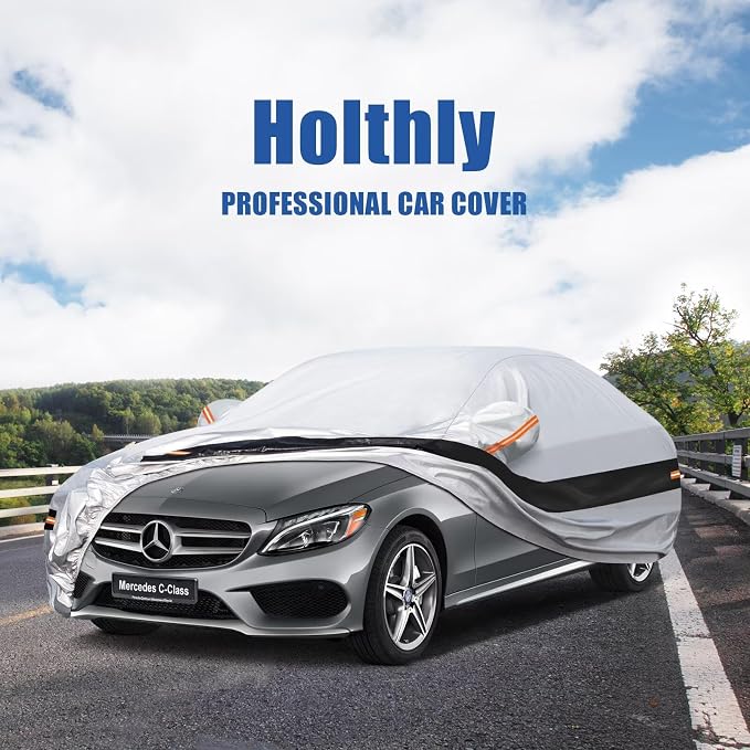 10 Layers Car Cover Custom Fit for Mercedes Benz C Class C250 C300 C43 C63 (1993-2026), Waterproof All Weather for Automobiles, Outdoor Full Cover Sun Dust Rain Protection with Cotton. Silver
