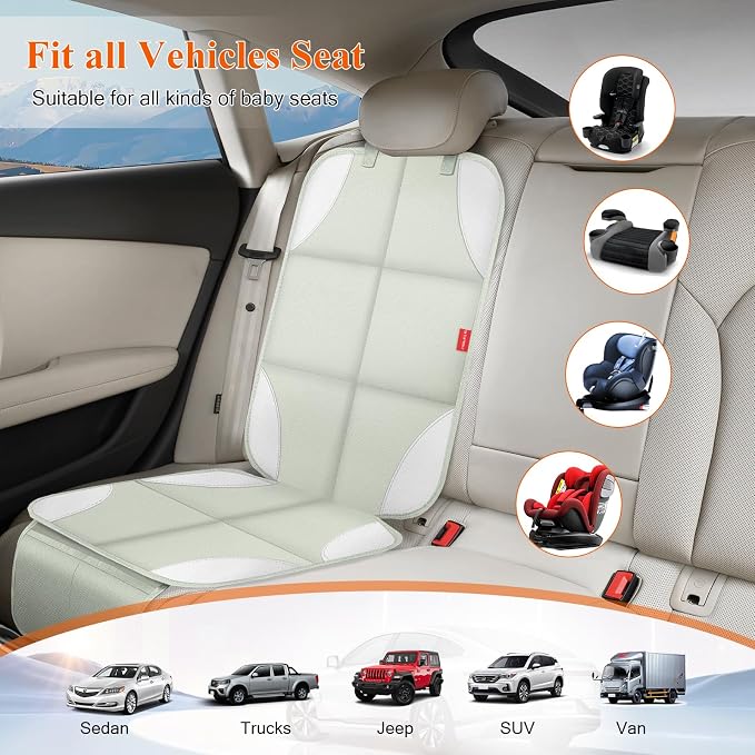 Car Seat Protector, Carseat Seat Protectors with Thick Padding and Upgraded Non-Slip Backing, Waterproof Seat Protector Under Baby Car Seat, 600D Fabric Car Seat Covers, 2PCS, Beige Grey
