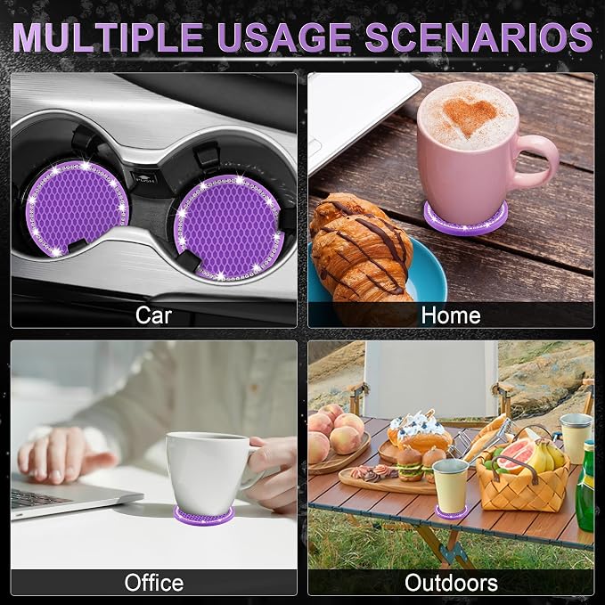 JUSTTOP Bling Cup Holder Coasters for Car,4PCS Universal Non-Slip Cup Holder,Rhinestone Decorative Coasters,Crystal Car Interior Accessories for Women(Purple)