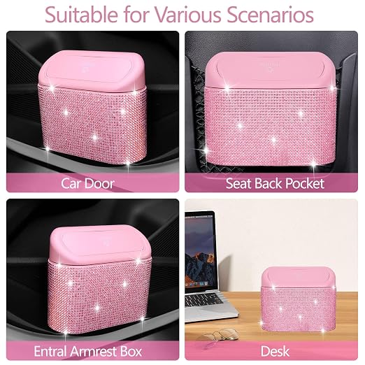 NBTEPEM Bling Pink Car Trash Can with Lid, Mini Auto Garbage Can with 30 Trash Bags, Automotive Garbage Container Bin, Bling Car Accessories Trash Can for Women (Pink Diamond)