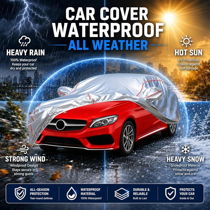 Waterproof All Weather Heavy Duty Vehicle Cover, 360° Underbody Wrap Windproof Design, Quick Install Outdoor Cover,(for Mercedes-Benz C-Class 2008-2025)