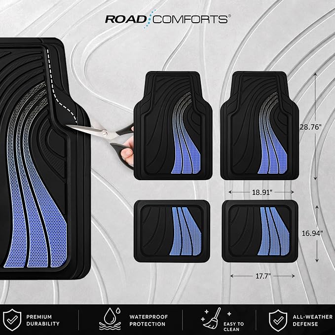 Road Comforts Car Floor Mats Full Set – Front & Rear Car Floor Mats with Aluminum Design, Anti-Slip Backing, All-Weather Protection, Trim-to-Fit Car Mats for Most Sedans, SUVs & Vans - - Blue