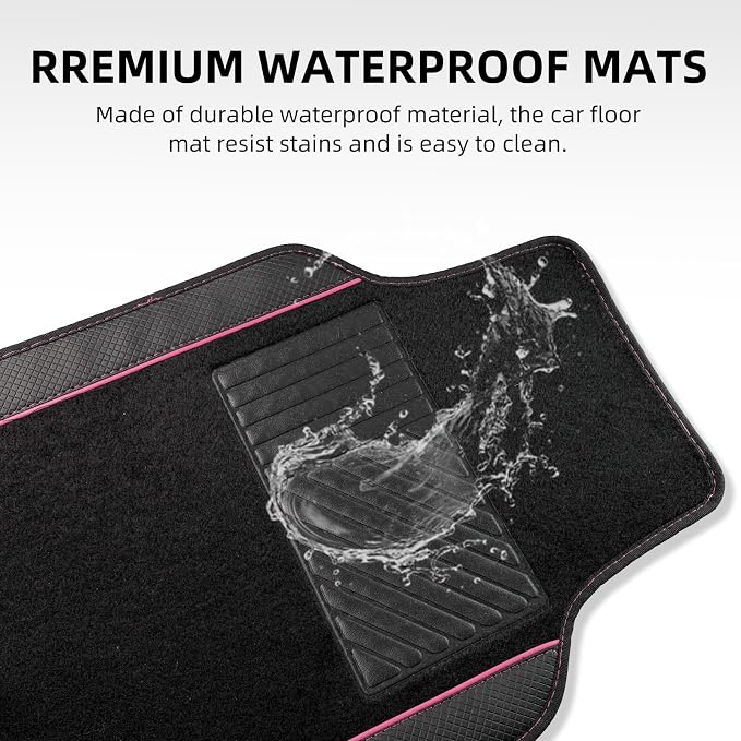 NBTEPEM Microfiber Steering Wheel Cover and Waterproof Car Floor Mats, Universal Fit Most Truck, SUV, Cars, 14.5-15inch Sporty Steering Wheel Covers with Anti-Slip Lining (Black with Pink line)