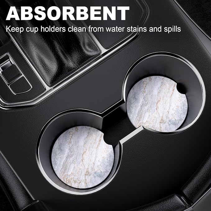 2 Pack Car Cup Holder Coaster, 2.63 inch Anti Slip Insert Absorbent Ceramic Car Coaster with Cork Base and Finger Notch, Cute Car Accessories Interior for Women, Cute Car Coasters., CH0025