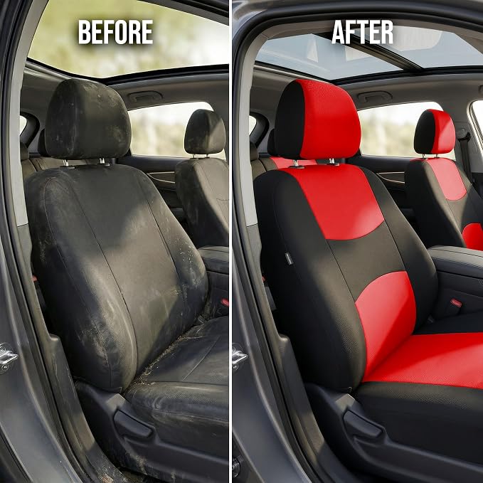 FH Group Car Seat Covers Full Set Cloth - Universal Fit Automotive Seat Covers, Low Back Front Seat Covers, Solid Back Seat Cover, Washable Car Seat Cover for SUV, Sedan and Van Red