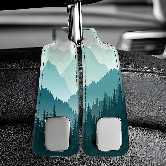 Car Seat Back Storage Headrest Hook, Premium Leather Double Metal Hook, Hanger Storage Organizer for Purse Cloth Bag, Car Interior Accessories Beautiful Blue Mountain