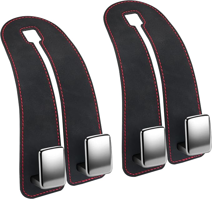 Amooca Car Headrest Hooks, Premium Suede with Metal Car Seat Back Storage Hooks for Handbag Coats Umbrella Backpack - 2 Pack, Black