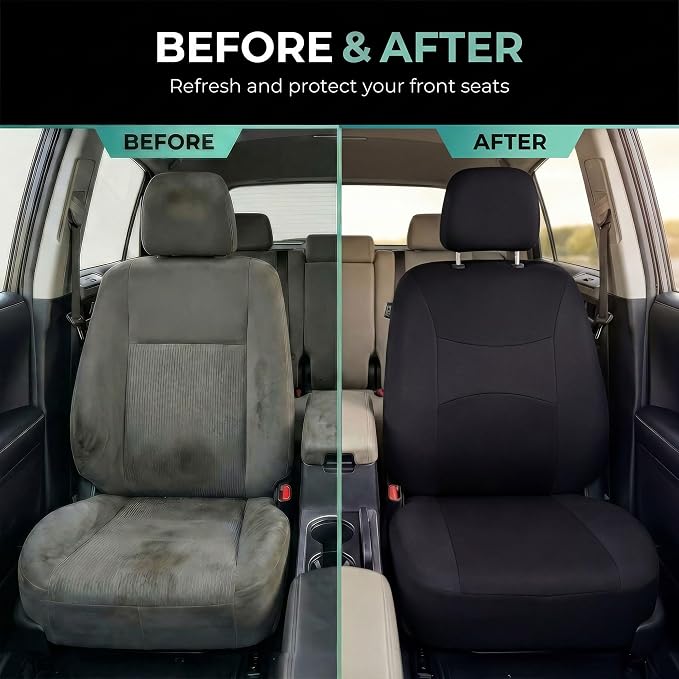 FH Group Universal Car Seat Covers Front Set for SUV Truck Sedan Vans | Waterproof All-Purpose Cloth Seat Cover Set Airbag Compatible Washable Split Bench Protector Interior Upgrade - Black