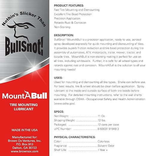 BullSnot! MountABull Tire Mounting Lubricant β Non-Staining Aerosol Spray for Quick Tire Mounting, Bead Protection, Rust & Corrosion Resistance β 11oz