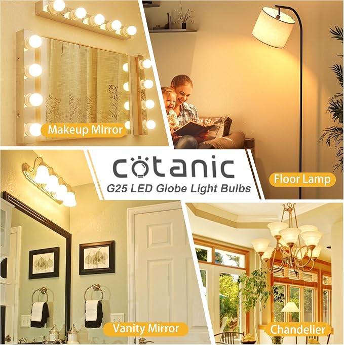 Cotanic G25 LED Vanity Light Bulb 2700K Warm White, Globe Light Bulbs for Bathroom Vanity Mirror 500LM,E26 Screw Base 5W 60W Incandescent Equivalent,Non-dimmable,Pack of 4
