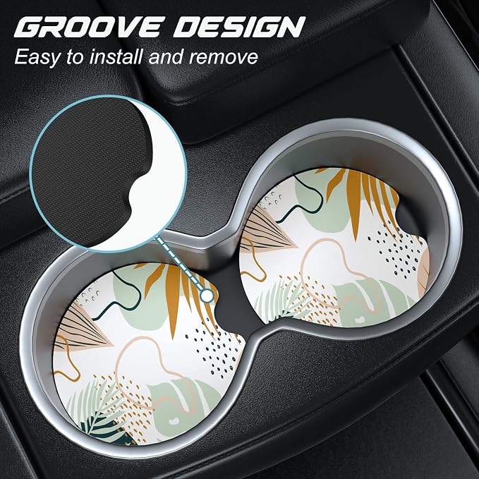 Aiawoxc Car Cup Holder Coasters, 2 Pack Universal Auto Anti Slip Insert Coaster with A Finger Notch, Cute Car Assecories for Women Men, Cup Mat for Most Interior, Boho Leaves