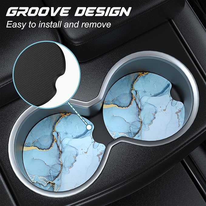 Aiawoxc Car Cup Holder Coasters, 2 Pack Universal Auto Anti Slip Insert Coaster with A Finger Notch, Cute Car Assecories for Women Men, Cup Mat for Most Interior, Ink Blue Marble