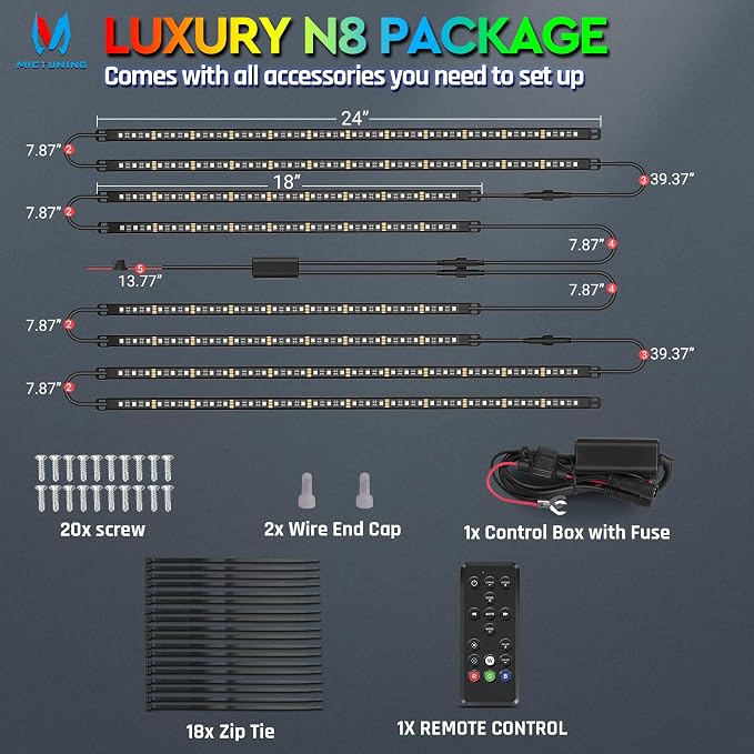 MICTUNING N8 Aluminum RGBW Car Underglow Light Kit with APP & Remote Control, Multi Mode Soundsync Neon Accent Light Bar, IP68 Waterproof,Multicolor Easter Gift