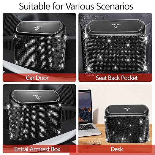 NBTEPEM Bling Car Trash Can with Lid, Mini Auto Garbage Can with 30 Trash Bags, Leakproof Automotive Garbage Container Bin, Bling Car Accessories Trash Can for Women (Black Diamond)