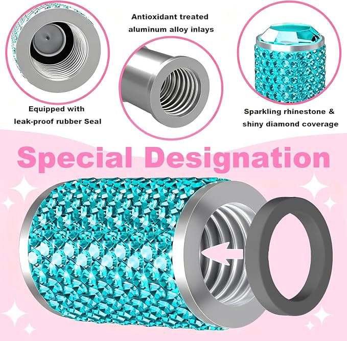 4Pcs Car Tire Valve Stem Caps, Bling Tire Air Cap for Car, Universal Stem Covers, Anodized Aluminum Tires Valve Cap with O Rubber Ring, Crystal Diamond Car Accessories for Women