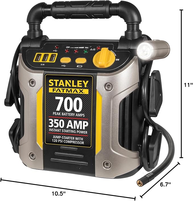Stanley J7CS 700 Peak Amp Automotive Jump Starter, Portable Power – Triple 15W USB Ports, 120 PSI Air Compressor | Portable Power Station with Triple 15W USB