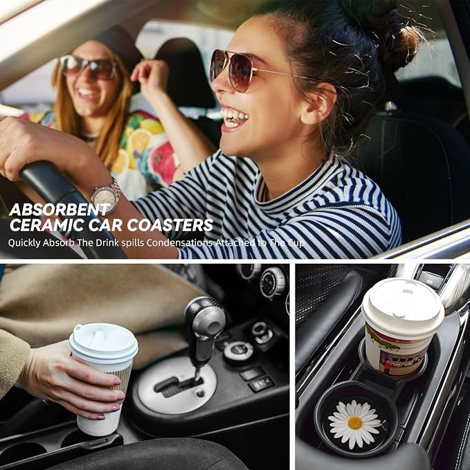 2 Pack Car Coasters for Cup Holders, 2.56" Universal Absorbent Ceramic Stone Car Cup Holder Coasters with Non-Slip Cork Base, Car Interior Accessories for Women Men(Black White Daisy)