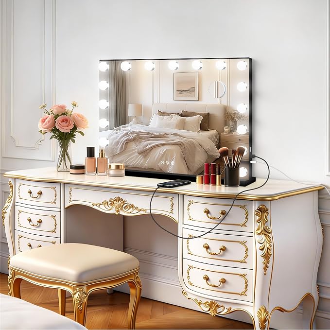 Moonee Vanity Mirror with Lights, Black Hollywood Lighted Makeup Mirror with 17 Dimmable Bulbs and 10X Magnification, 3 Colors Modes, Aluminum Metal Frame, Light Up Mirror for Tabletop/Wall(28" x 20")