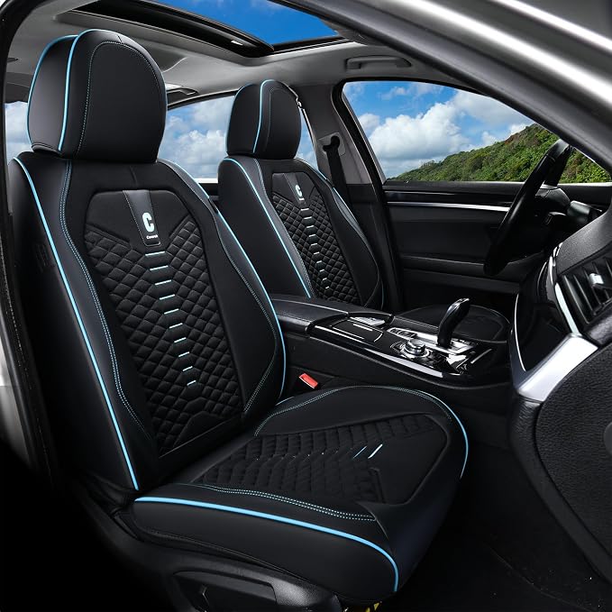 Coverado Car Seat Covers Full Set, 5 Seats Universal Seat Covers for Cars, Breathable Fabric Faux Leather Auto Seat Cushions, Front and Rear Seat Protectors Fit for Most Cars, Black& Blueline
