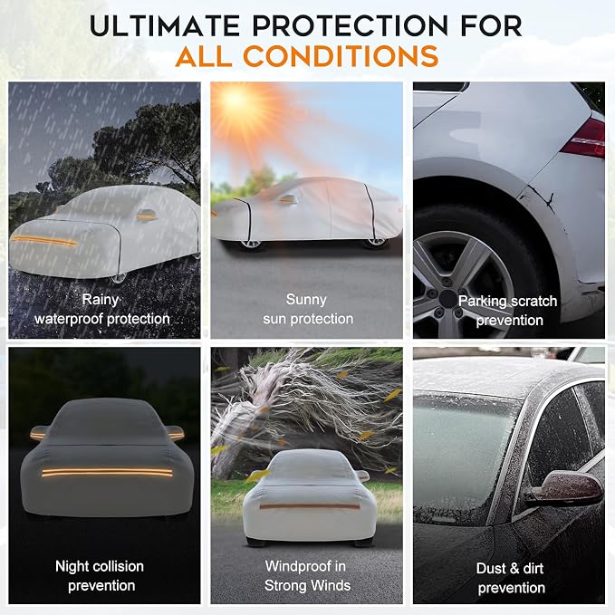 Waterproof Hatchback Car Cover: 6-Layer Protection from Rain, Snow, UV & Dust - Universal Fit up to 189 inches with Zipper Door & Windproof Straps for Outdoor, Garage, Travel Use,Silver