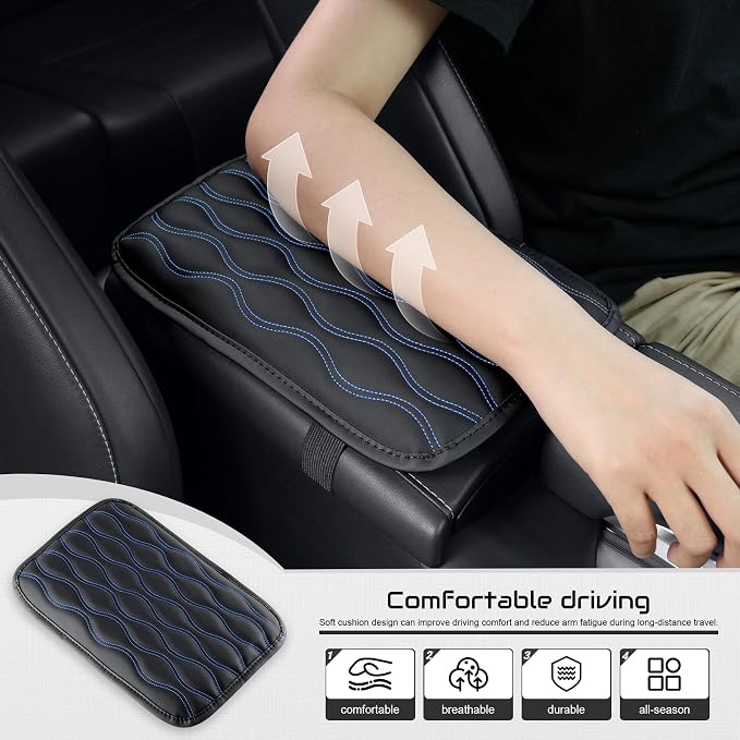 Amiss Car Center Console Cover, Upgraded Leather Car Armrest Cushion, Universal Waterproof Cushion Pad, Non-Slip Car Interior Accessories, Fits Most Sedans SUVs Trucks (Blue Line)