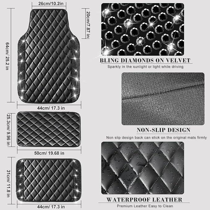 NBTEPEM Black Bling Leather Car Floor Mats Full Set, Sparkly Diamond Car Mats Universal Fit Most Automotive, Glitter Rhinestone Carpet Waterproof Anti-Slip, 5 pcs Set (Black Leather Diamond)