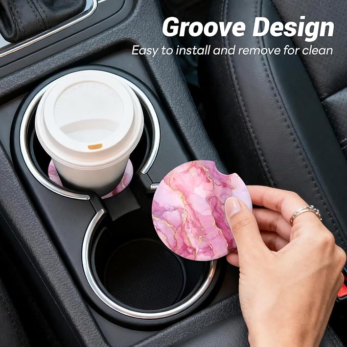 Car Cup Holder Ceramic Coasters 2 Pack, 2.56 in Anti Slip Absorbent Coaster with Cork Base and Finger Notch, Funny Cute Car Accessories Interior for Women, Pink Stone