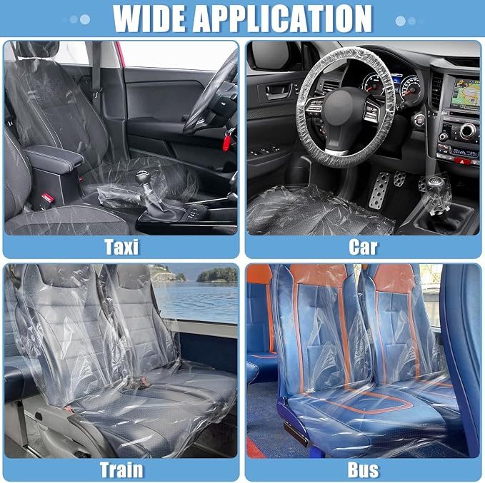 MYFAMIREA 125 PCS Disposable Car Seat Covers Clear Plastic Vehicle Seat Protector Set with Steering Wheel, Gear Shift and Handbrake Covers, Universal for Cars Auto Truck Bus Airplane