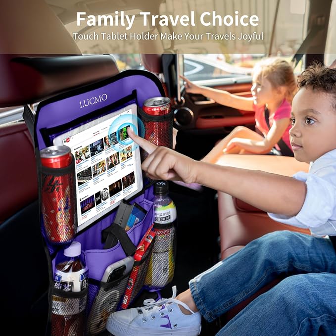 LUCMO Car Backseat Organizer with Touch Screen Tablet Holder, Dark Purple | 2 Pcs,9 Storage Pockets,Clear Tablet Holder,Protectors Kick Mats,Travel Accessories,Seat Cover,Road Trip Essentials