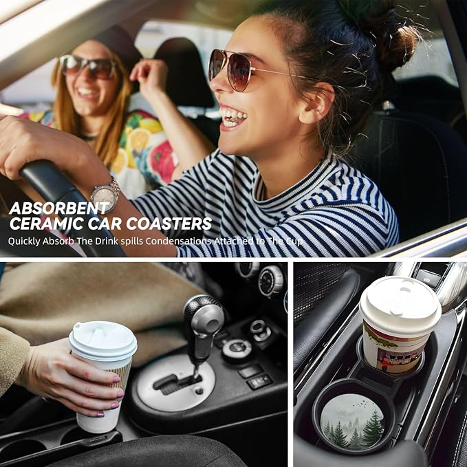 Forest Car Cup Holder Coaster 2 Pack Absorbent Ceramic Car Coasters for Cup Holders Car Accessories Interior for Women Men Universal Anti Slip Cork Base Cup Coasters with Finger Notch