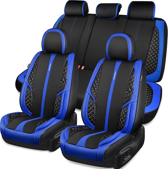 CAR PASS Nappa PU Leather Car Seat Covers Full Set Waterproof Protector Durable Cushioned,Universal Fit for Sedan SUV Pick-up Truck,Automotive, Anti-Slip and Backseat Luxury Premium(Black and Blue)