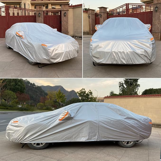 SEAZEN Car Cover 6 Layers, Waterproof Sedan Car Cover with Zipper Door, Snowproof/UV Protection/Windproof, Universal Car Covers Breathable Fabric with Cotton (185" to 200")