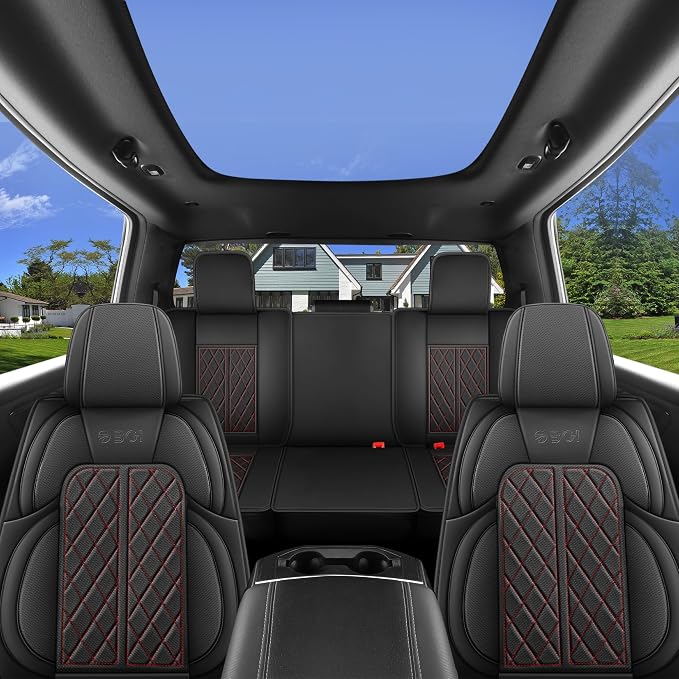 Car Seat Cover Custom Fit for Ford F150 2009-2026 Faux Leather Seat Cover Set Compatible with Regular Cab Super Cab Super Crew Pickup Truck Cushions (Black Redline, Front Seat)