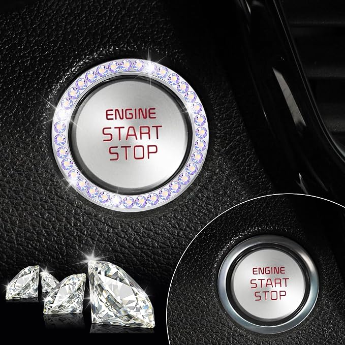 LivTee 2 PCS Crystal Rhinestone Car Engine Start Stop Decoration Ring, Bling Car Interior Accessories for Women, Push to Start Button Cover Sticker, Automotive Decals, Colorful