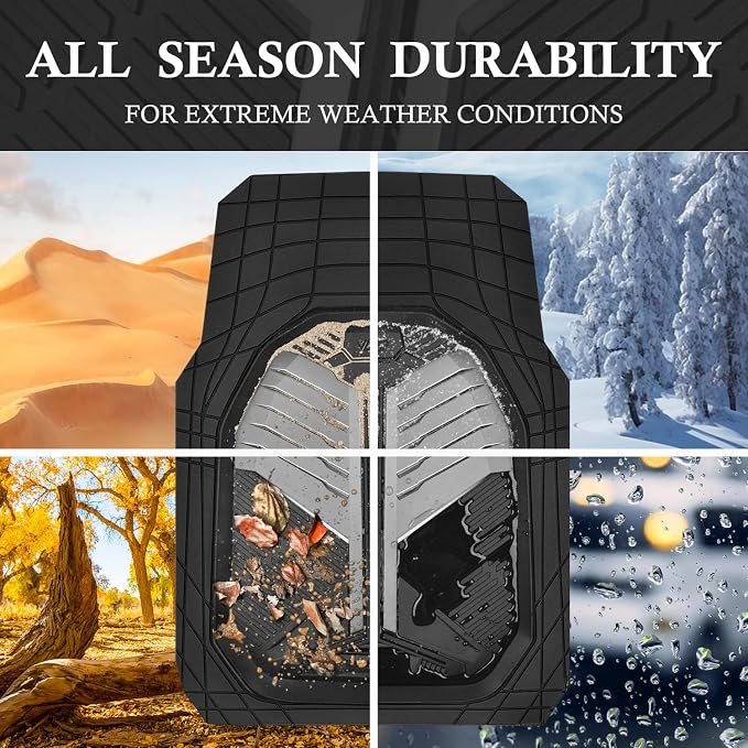 CAR PASS Heavy Duty Rubber Car Mats, Deep-Dish Car Floor Mats All Weather, Universal Two-Tone Trim-to-Fit for SUVs Trucks Sedans, Waterproof Anti-Slip, 3 Pieces V12 Black and Metallic Gray