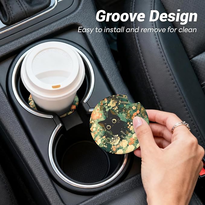 2 Pack Ceramic Car Coasters for Cup Holder, 2.56 in Anti Slip Absorbent Coaster with Cork Base and Finger Notch, Funny Cute Car Accessories for Women, One Cat