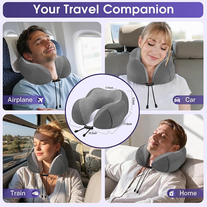 CloudBliss Travel Pillows for Airplane, Memory Foam Neck Pillows for Travel, Compact Neck Pillow for Long Flight, Car & Office, Plane Accessories with Eye Mask, Earplugs, Carry Bag, Black & Dark Grey