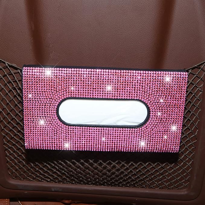 Bling Car Sun Visor Tissue Box Holder, Rhinestone PU Leather Crystal Sparkling Napkin Holder, Backseat Paper Towel Cover Case Car Accessories for Women (Pink)
