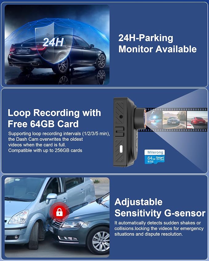 4K Dash Cam Front and Rear Camera with Voice Control | Car Cameras Dashcam for Cars with WiFi, GPS, 64G Card, 24H Parking Monitor, G-Sensor,IR Night Vision,Loop Recording