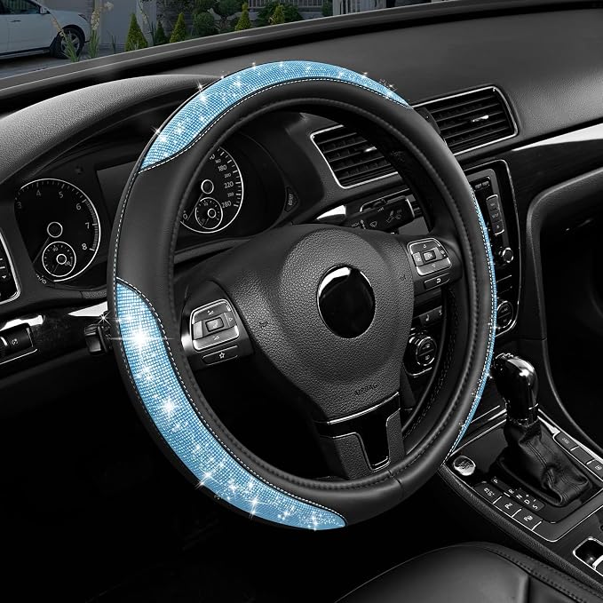Road Comforts Pixel Glitter Steering Wheel Cover, 14.5–15 Inch Leather Steering Wheels Snug Fit, Anti-Slip Leather Grip, Elegant Sparkle Design, Universal Fit - Light Blue