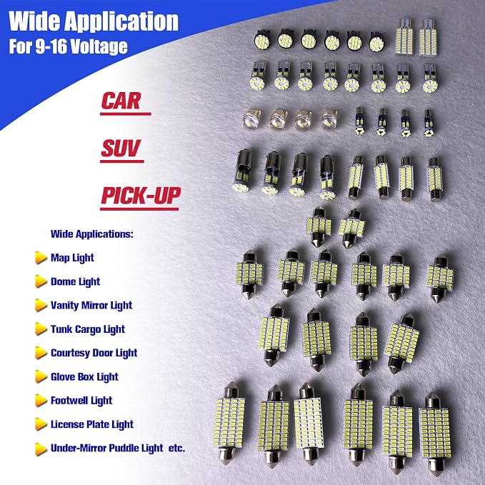 50-Pack LED Interior Light Kit Map Dome Bulb for Car Truck Vehicle | 12V White DE3175 6418 6411 T10 194 BA9S 64111 T5 74 6615F 28mm 31mm 36mm 41mm Vanity Mirror Footwell Cargo License Plate Bulb