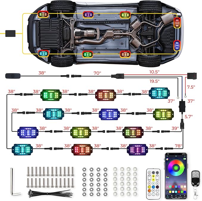 12 Pods 252 LEDs 5 Sides RGB Rock Lights, App/2 Remote Control Rock Lights for Trucks, Waterproof Multi-Color Bright Underglow Kits,Music Mode,Compatible with 12V Jeep UTV SUV ATV Golf RZR(Patented)