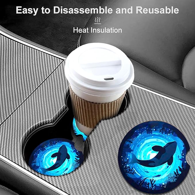 2 Pack Killer Whale Car Cup Holder Coasters Universal Neoprene Coasters | 2.75" Universal Size Anti Slip Rubber Mat, Auto Cup Holder Accessories for SUV Truck, Whale Gifts for Women Men Mom
