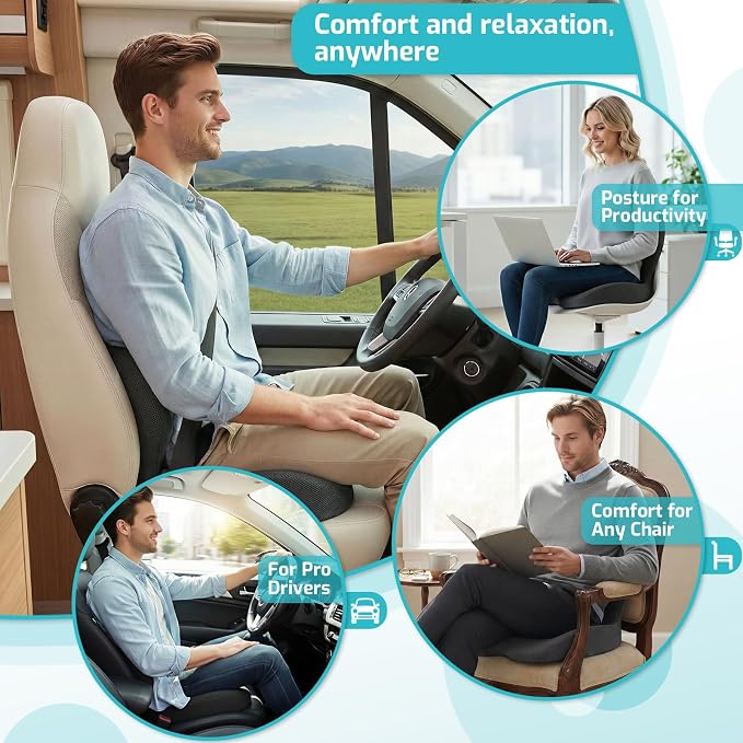 Trucker Seat Cushion, Thick Car Seat Cushions with Lumbar Support Pillow, Ergonomic L-Shaped Orthopedic Memory Foam for Long Driving Lower Back Pain Sciatica Relief, Gift for Drivers (Black+WE)