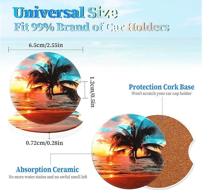 Jeffdad Car Cup Holder Coasters, 2 Pack Absorbent Ceramic Coaster 2.56" Universal Ceramic Stone & Non-Scratch Cork Base Coasters Auto Accessories for Women & Men(Ocean)